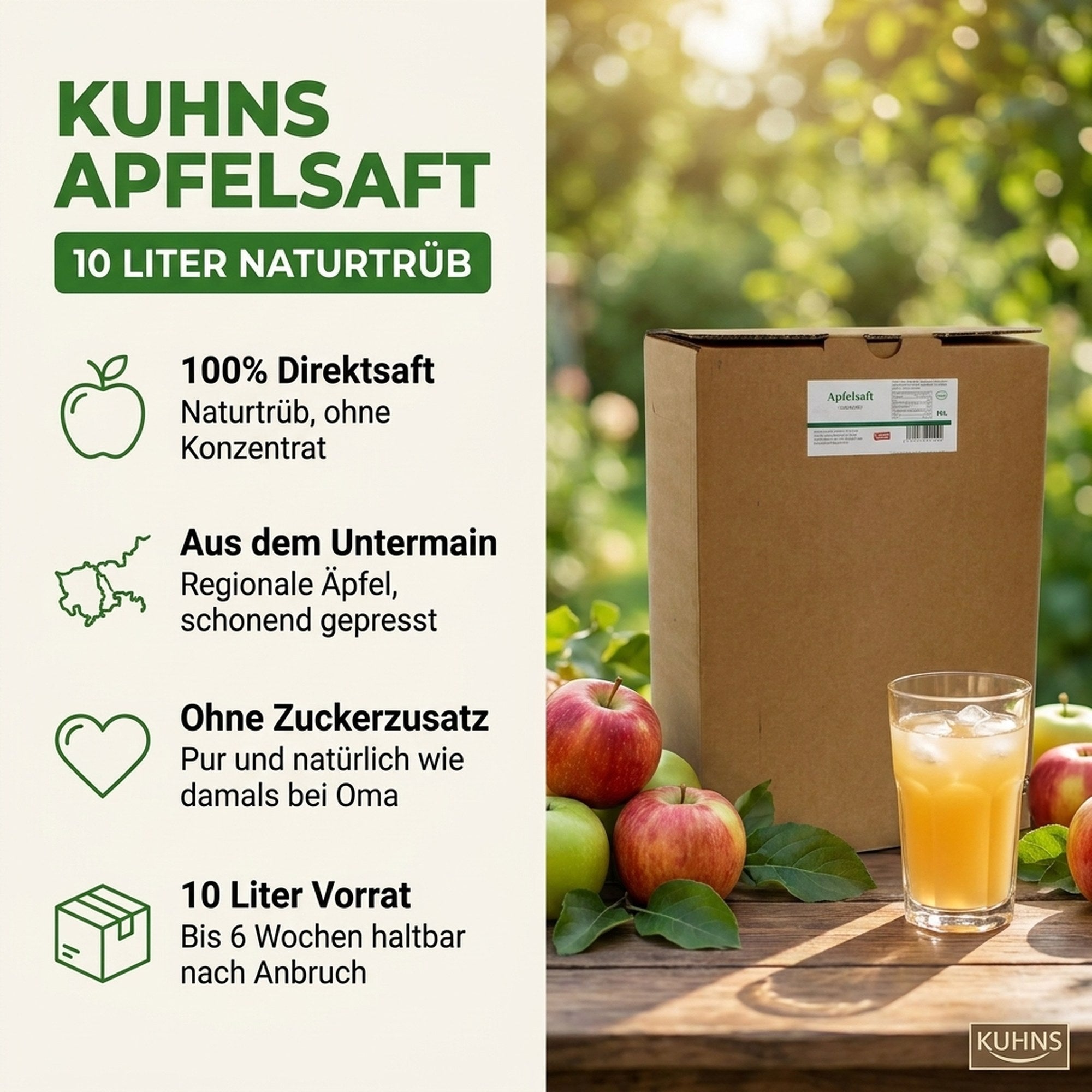 Kuhns Apfelsaft 10L – Neues Produktbild Split Layout