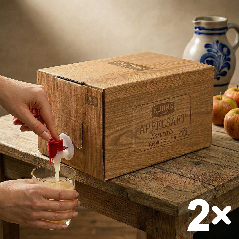 Bolsa en caja de 2 x 5 l de zumo de manzana dulce y afrutado naturalmente turbio de Kuhns