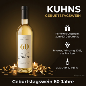 Geburtstagswein 60 Jahre Rivaner Franken Geschenk - Produktbild mit Geburtstagsdekoration