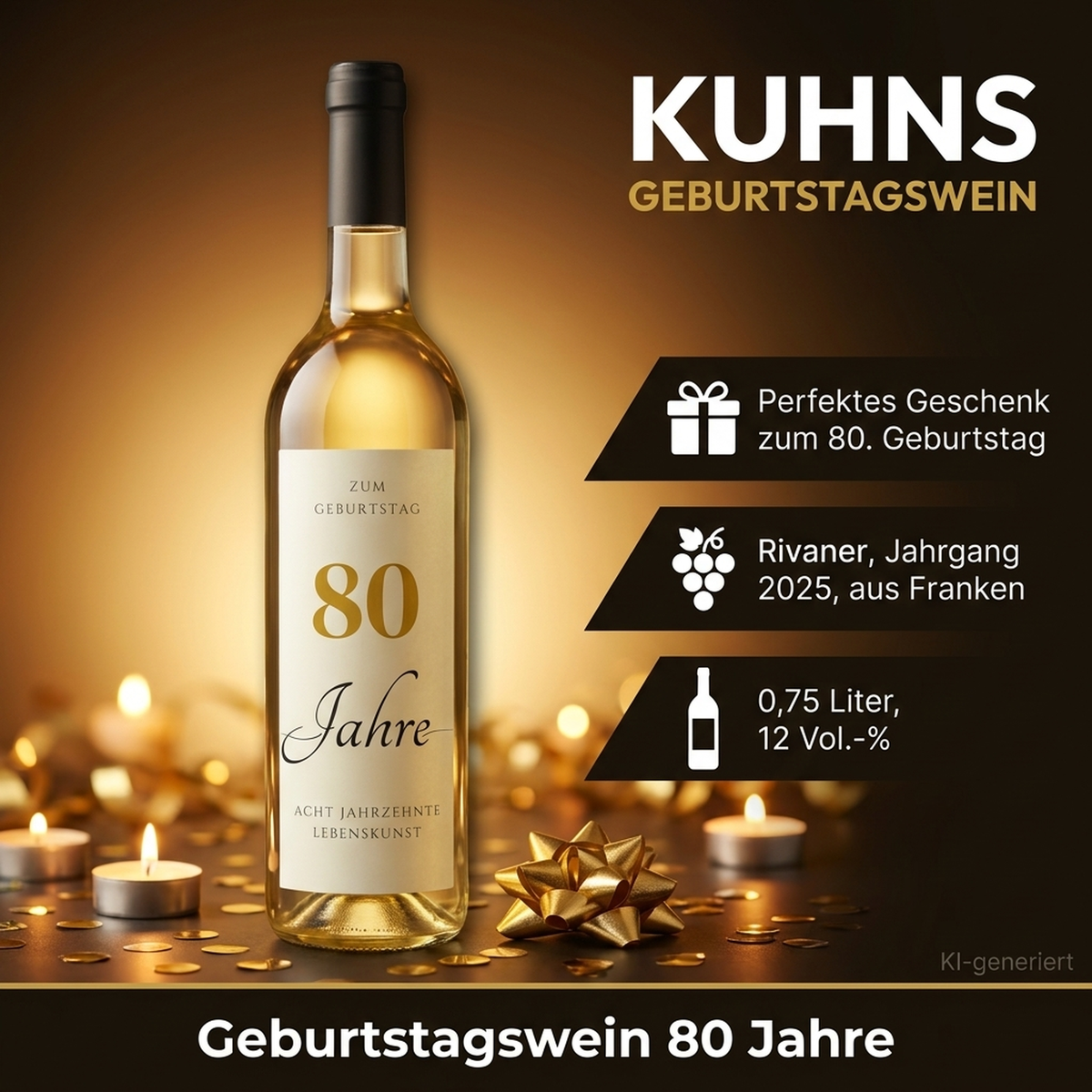 Geburtstagswein 80 Jahre Rivaner Franken Geschenk - Produktbild mit Geburtstagsdekoration