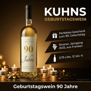 Geburtstagswein 90 Jahre Rivaner Franken Geschenk - Produktbild mit Geburtstagsdekoration